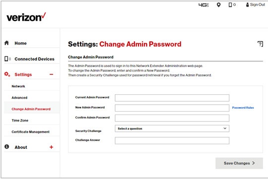 Settings Password change screen