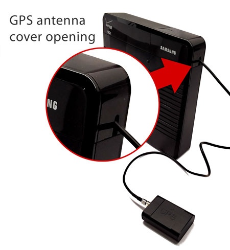 GPS antenna opening with cable threaded through
