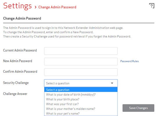 Settings Password change screen
