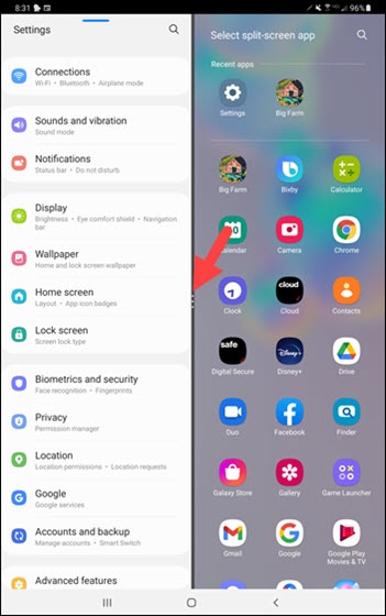 Split screen menu