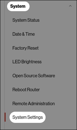 System settings menu