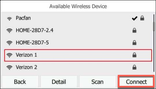 Network list with emphasis on Connect soft key