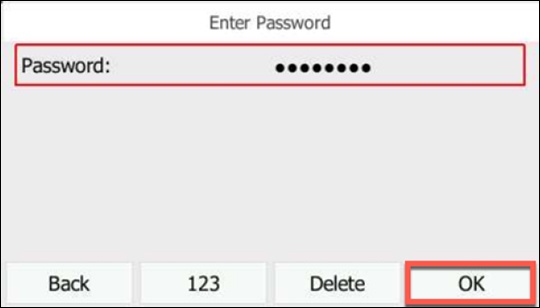 Password entry screen with emphasis on OK soft key