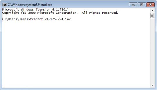 Windows command line interface with traceroute command entered