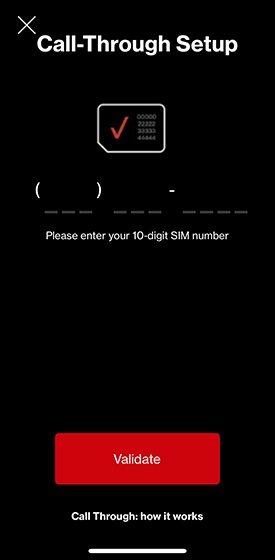 Screen showing area to enter mobile number