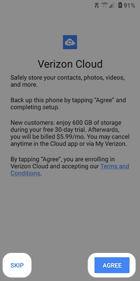 Verizon Cloud setup screen
