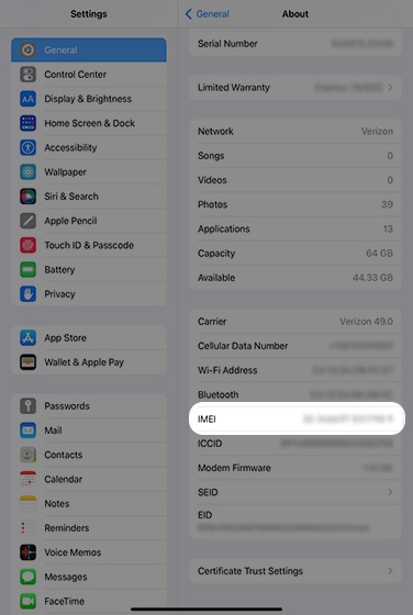 Apple iPad - View Digital SIM (eSIM) IMEI
