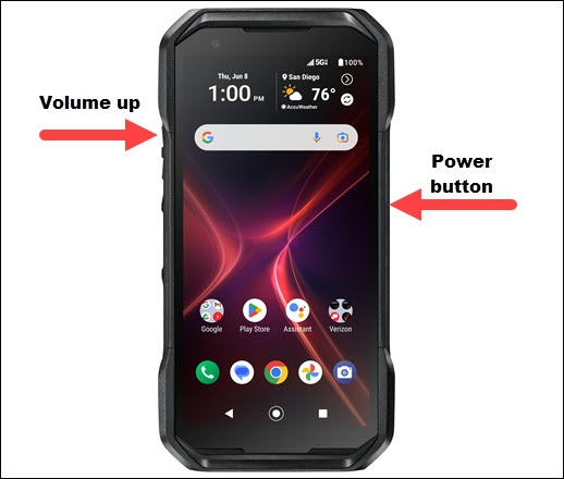 Volume up and power button