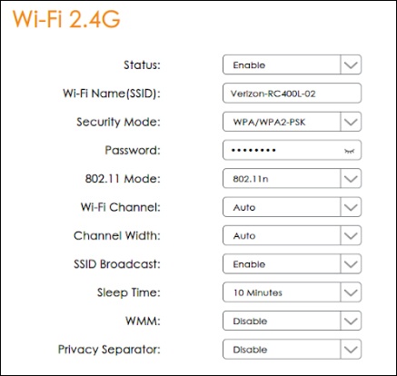 Verizon Orbic Speed - WLAN Settings