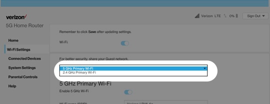 5G Home Wi-Fi settings with emphasis on network selection