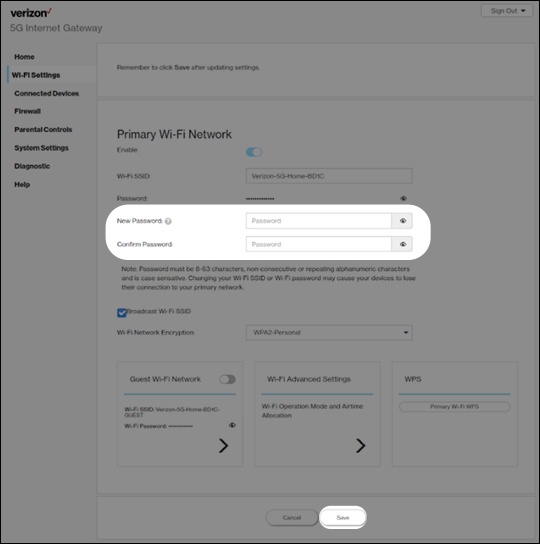 Verizon 5G Internet Gateway (LVSKIHP) - View Wi-Fi Name and Password