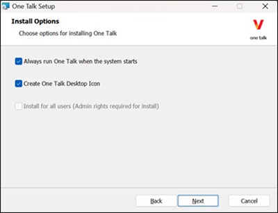 One Talk Install Options screen with options selected